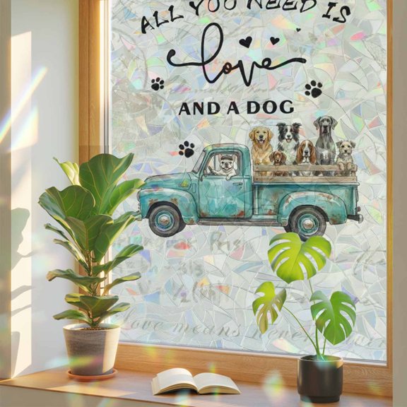 Farm Green Old-fashioned Trucks Dog Window Privacy Film, Rainbow Film Decorative Window Sticker 17.7x39.3in, Vintage Dog Paw Sun Blocking Static Stained Glass Cling Tint Non-Adhesive