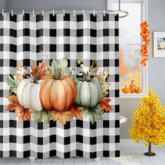 Farm Green Orange Pumpkin Shower Curtain for Bathroom, Black White Plaid Waterproof Shower Curtains Washable Quick Dry with Hooks Bathtub Curtains 36x72 IN