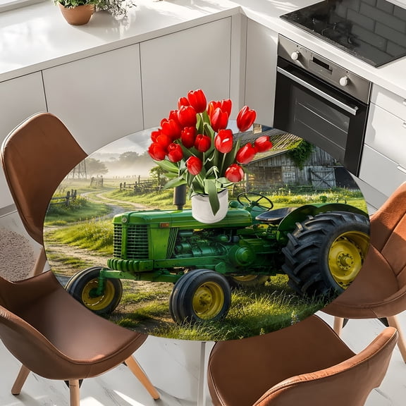 Farm Green Tractor Round Fitted Tablecloth with Elastic Edge,Waterproof Table Cloth Fits Tables Up to 36"-44",Wipeable Washable Table Cover for Indoor Outdoor Dinning Party,Retro Old Barn Windmill