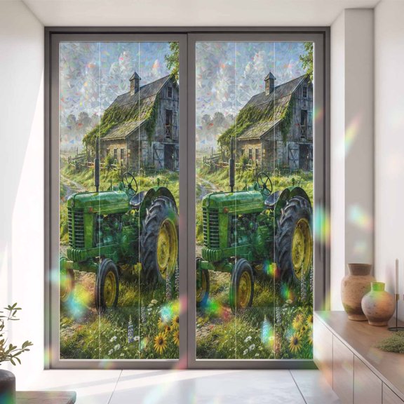 Farm Green Tractor Window Privacy Film,Decorative Windows Static Cling Retro Old Barn Windmill Heat Control Removable Glass Sticker for Home Bathroom Bedroom Window Door,35x79in