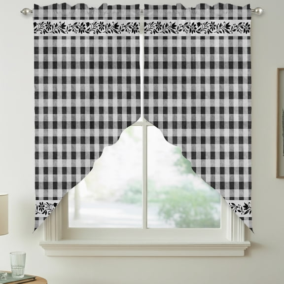 Farm Grey Checkered Swag Curtain Valances for Kitchen, Country Farmhouse Minimalist Floral Leaf Plaid Rod Pocket Curtains Window Treatment Swag Valance for Bedroom Bathroom, 2 Panels 28 x 36 Inch