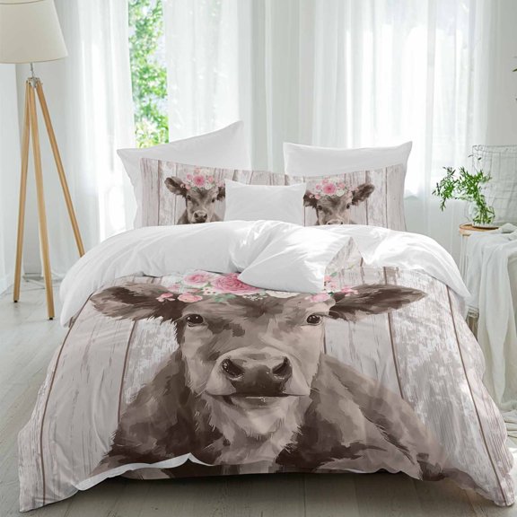 Farm Grey Cow Queen Size Bed Set,Pink White Country Flowers Roses Bedding for All Seasons,4 Pcs Bed Set,1 Quiltcover(90"x92"),1 Sheet(94"x116"),2 Pillowcases(30"x20")