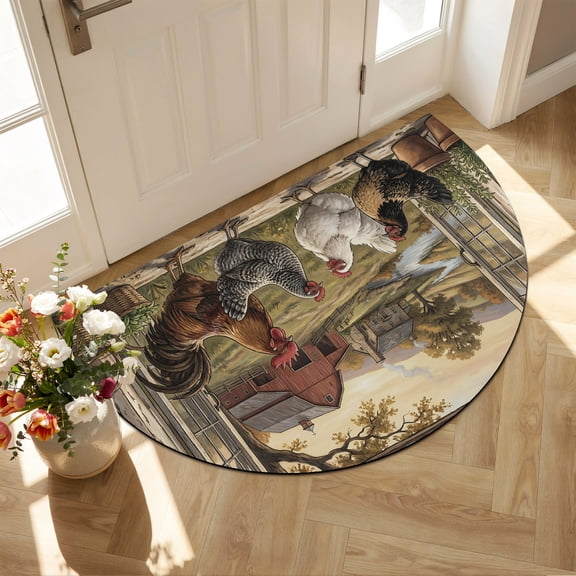 Farm Half Circle Door Mat Front Door Mat, Pastoral Landscape Farmhouse Rooster Hen Chicken Barn Non Slip Washable Doormats Absorbent Welcome Low Profile Floor Mats for Indoor, 16" x 24"