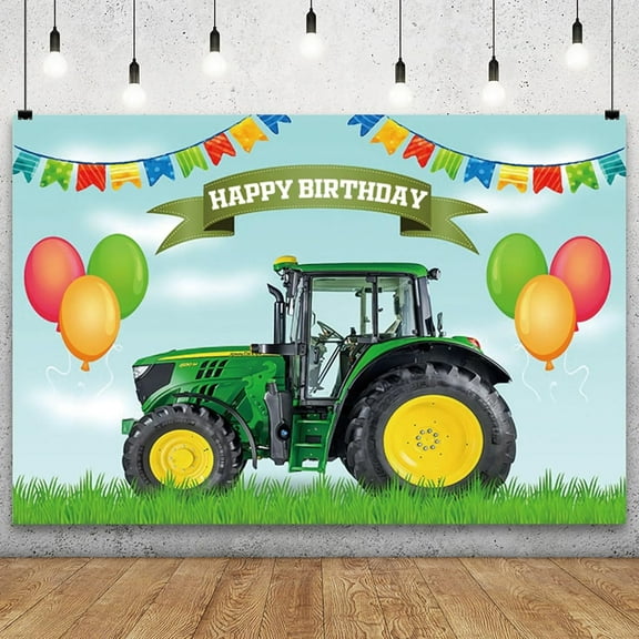 Farm Happy Birthday Cute Backdrop for Photography Cartoon Balloon Green Grassland Tractor Farmyard Theme Party Background Boys Birthday Party Cake Table Banner Children Portrait Photo Booth Prop
