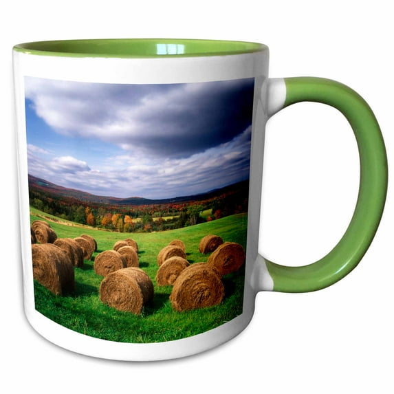 3drose, Farm Hay Bales in Field, Westmore, Vermont, Usa - Us46 Aje0008 - Adam Jones, 15oz Two-tone Green Mug