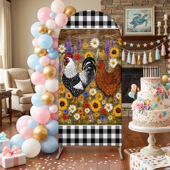 Farm Hen Arch Backdrop Covers 4 FT, Country Farmhouse Rooster Sunflower Daisy Black White Plaid Stretchy Fitted Arched Stand Covers Party Arch Stand Cover Photo Booth for Wedding Birthday Decor
