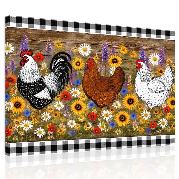 Farm Hen Canvas Print Wall Art, Country Farmhouse Rooster Sunflower Daisy Black White Plaid Wall Decor Framed Artwork Paintings Pictures for Living Room Bedroom Stretched Ready to Hang, 12" x 16"