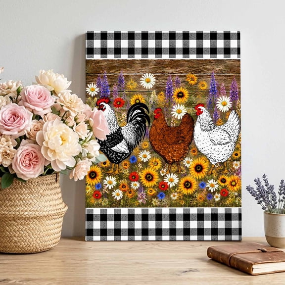 Farm Hen Canvas Wall Art for Living Room, Country Farmhouse Rooster Sunflower Daisy Black White Plaid Wall Decor Framed Artwork Pictures Ready to Hang for Bedroom Office Home Decor 12x16 Inch