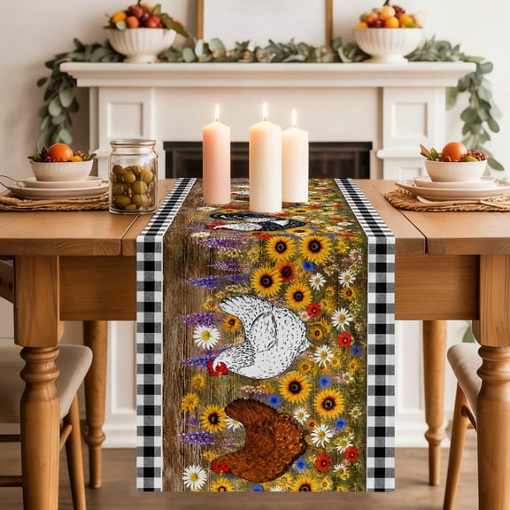 Farm Hen Dining Table Runner, Country Farmhouse Rooster Sunflower Daisy Black White Plaid Washable Table Runners Kitchen Coffee Table Center Decor for Home Party Holiday Wedding 13 x 36 Inches