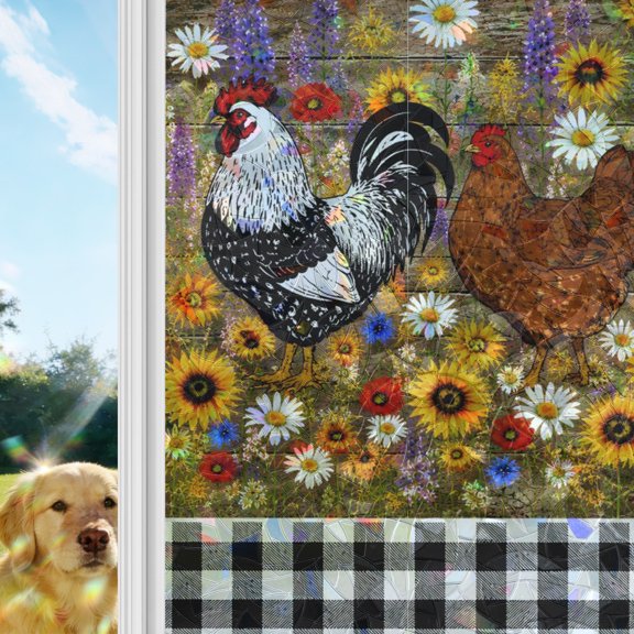 Farm Hen Rainbow Window Privacy Film, Country Farmhouse Rooster Sunflower Daisy Black White Plaid Stained Glass Window Film, Sun Blocking Glass Clings Non Adhesive Door Stickers 17.7 x 39.3 Inches