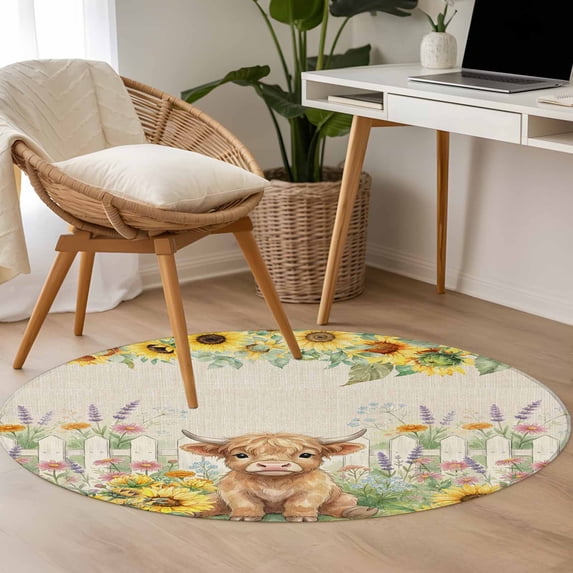 Farm Field Rug Farm Highland Cattle 3.3ft Round Rug for Bedroom Reading Corner ...