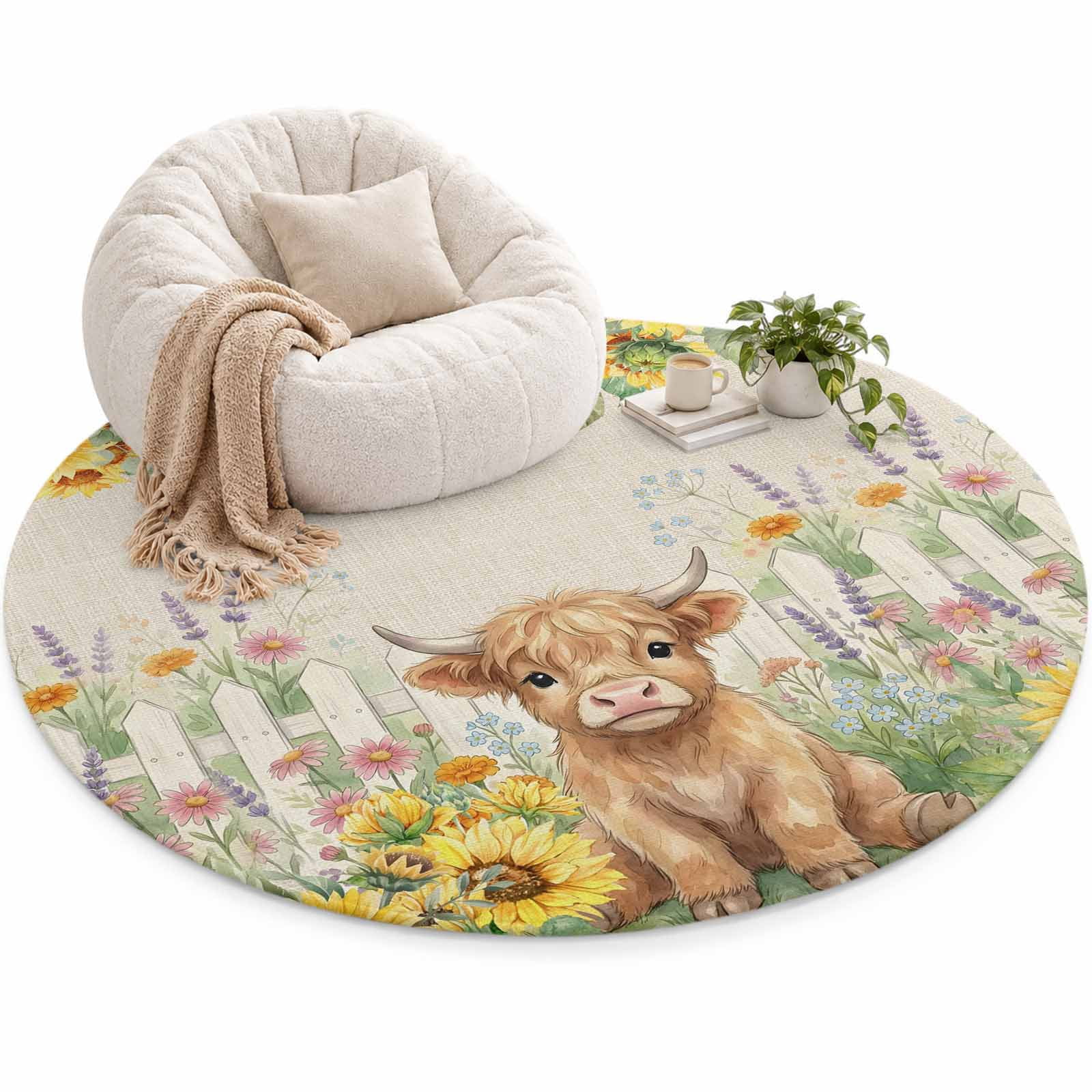 Farm Highland Cattle Area Rug 5', Farmhouse Sunflower Fence Linen ...