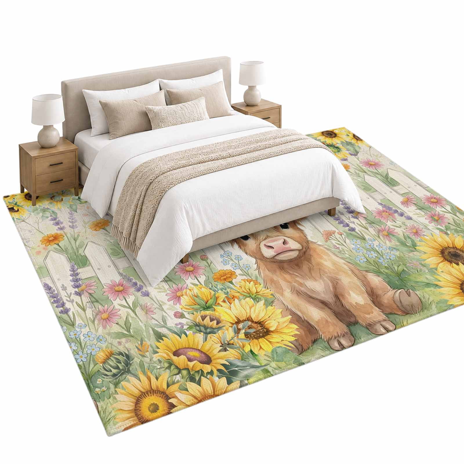 Farm Highland Cattle Area Rug 5'x8', Farmhouse Sunflower Fence Linen ...