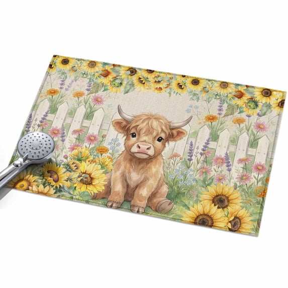 Farm Highland Cattle Area Rugs 2x3ft Farmhouse Sunflower Cow Fence Linen Texture Floor Rug Non Slip Low Pile Ultra Soft Throw Carpet for Entryway Indoor Entrance Kitchen Bathroom