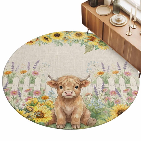Farm Highland Cattle Area Rugs 4' (Round) Farmhouse Sunflower Cow Fence Linen Texture Floor Rug Non Slip Low Pile Ultra Soft Throw Carpet for Entryway Indoor Entrance Kitchen Bathroom