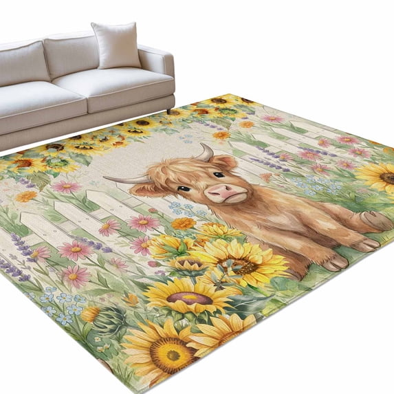 Farm Highland Cattle Area Rugs 8x10ft Farmhouse Sunflower Cow Fence Linen Texture Floor Rug Non Slip Low Pile Ultra Soft Throw Carpet for Entryway Indoor Entrance Kitchen Bathroom