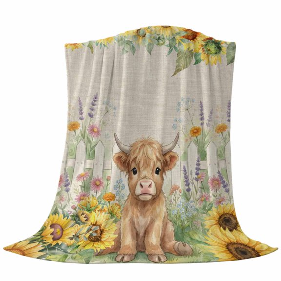 Farm Highland Cattle Fleece Throw Blanket Farmhouse Sunflower Cow Fence Linen Texture Ultra Soft Fuzzy Cozy Flannel Throw Blanket for Couch Sofa Bed Car Travel, Ideal Gifts 40x50 Inches