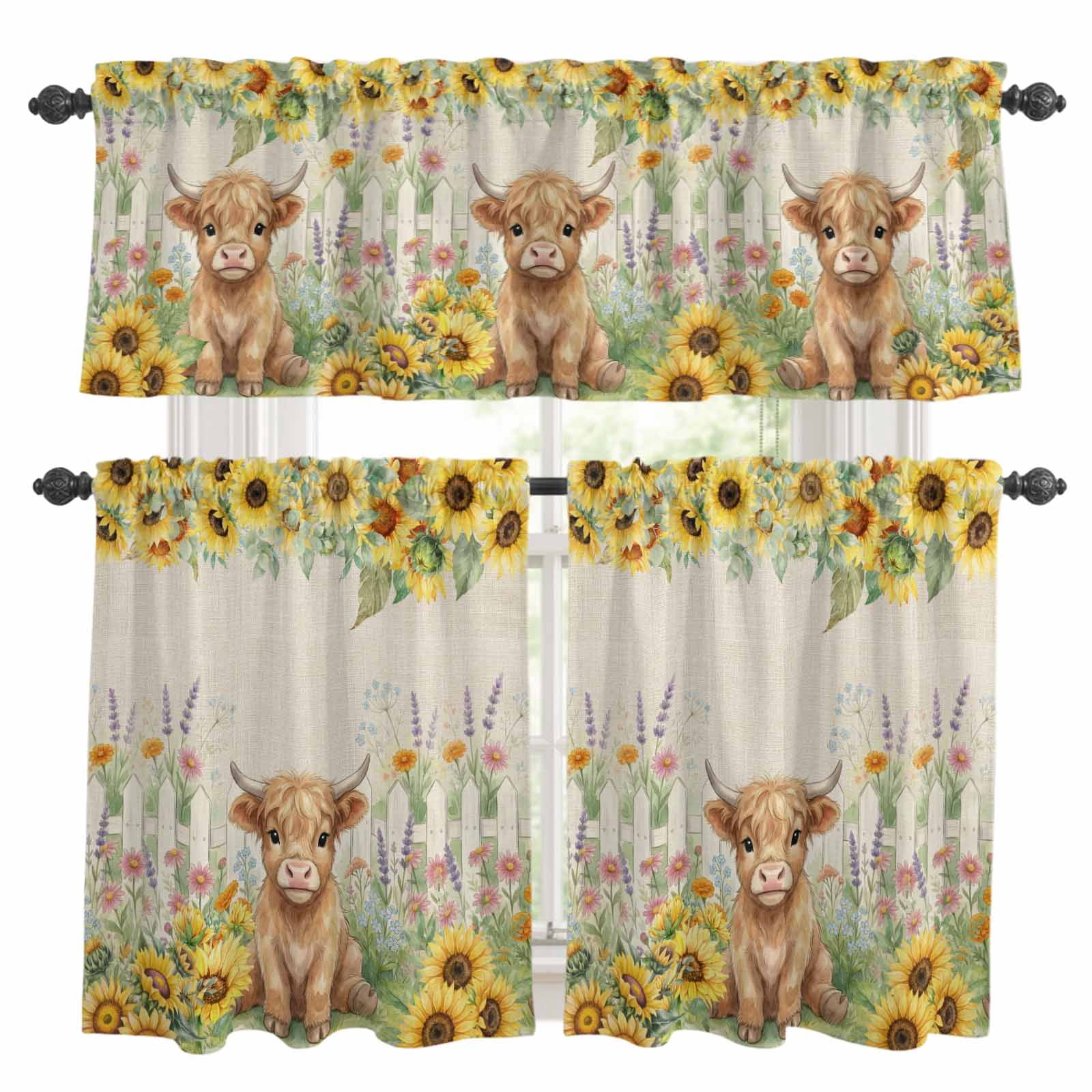Farm Highland Cattle Kitchen Curtains Valance and Tier Set Farmhouse Sunflower Cow Fence Linen Texture Rod Pocket Short Curtains for Small Window 3 Pieces Set for Bedroom Cafe (54" x 18"+27" x 24")