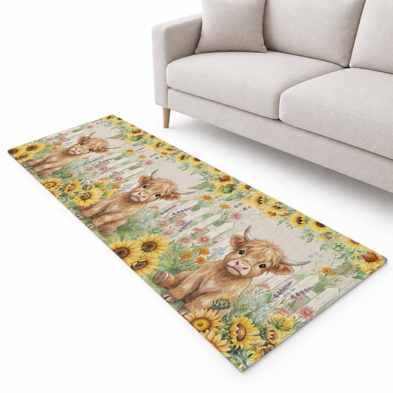 Farm Highland Cattle Runner Rug 2'x6', Farmhouse Sunflower Fence Linen ...