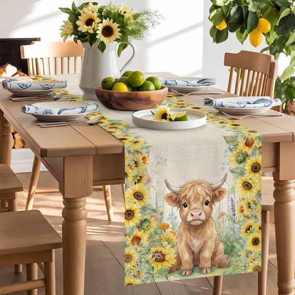 Farm Highland Cattle Table Runner, Farmhouse Sunflower Cow Fence Linen Texture Washable Kitchen Table Runners Dress Scarves for Dining Table Decorations Party/Restaurant/Indoor Outdoor Use, 13x36in