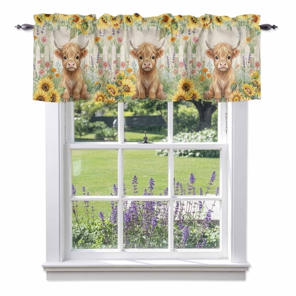 Farm Highland Cattle Valance Curtain for Windows Farmhouse Sunflower Cow Fence Linen Texture Rod Pocket Curtain Valances Short Window Treatments for Kitchen Bathroom Laundry Basement 60 x 18 Inch