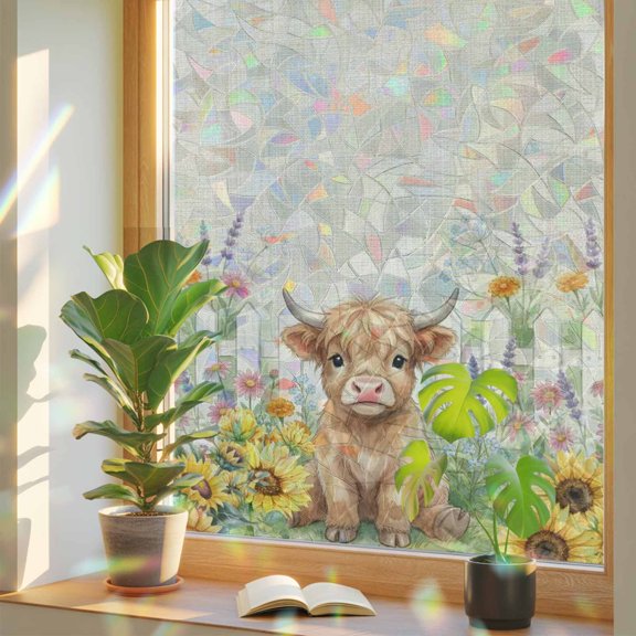 Farm Highland Cattle Window Privacy Film, Farmhouse Sunflower Cow Fence Linen Texture Stained Glass Rainbow Film Decorative Window Clings, Static Cling Sun Blocking Stickers 19.6" x 39.3"