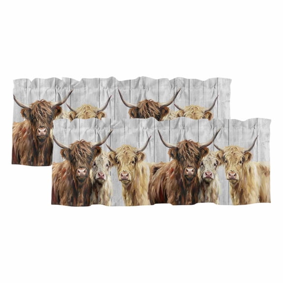 Farm Highland Cattles 2 Panels Kitchen Valance, Farmhouse Brown Cow Country Gray Wood Grain Curtains Valances for Small Windows Rod Pocket Window Treatments for Living Room Bedroom 42"W x 12"L