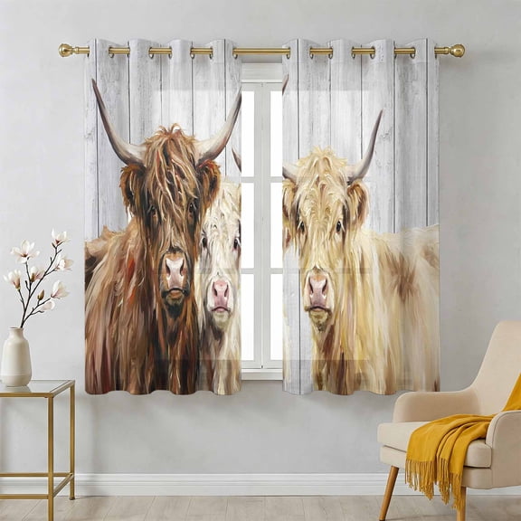 Farm Highland Cattles Sheer Curtains 39 Inch Long 2 Panels, Farmhouse Brown Cow Country Gray Wood Grain Light Filtering Semi Sheer Drapes Grommet Voile Window Curtain for Living Bedroom W27.9 x L39
