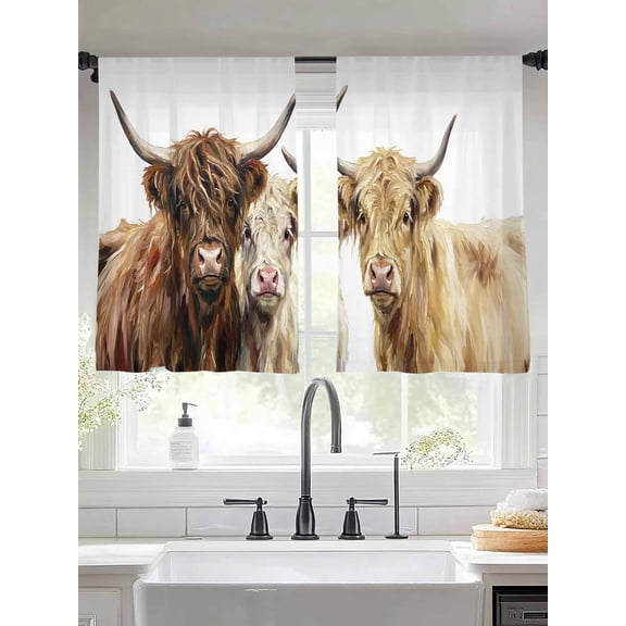 Farm Highland Cattles Sheer Curtains 45 inches Long, Farmhouse Brown Cow Rustic Country Light Filtering Sheer Window Curtains Rod Pocket Voile Drapes for Bedroom Living Room, 2 Panels