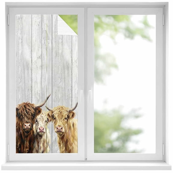 Farm Highland Cattles Window Privacy Film, Farmhouse Brown Cow Country Gray Wood Grain Frosted Glass Window Clings Static Cling UV Heat Blocking Reusable Door Sticker for Bathroom 17.7 x 39.3 Inch