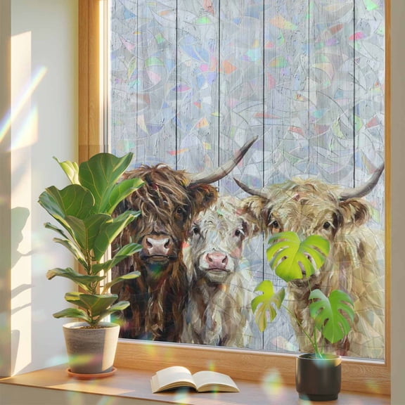 Farm Highland Cattles Window Privacy Film, Farmhouse Brown Cow Country Gray Wood Grain Stained Glass Rainbow Film Decorative Window Clings, Static Cling Sun Blocking Stickers 17.7" x 39.3"