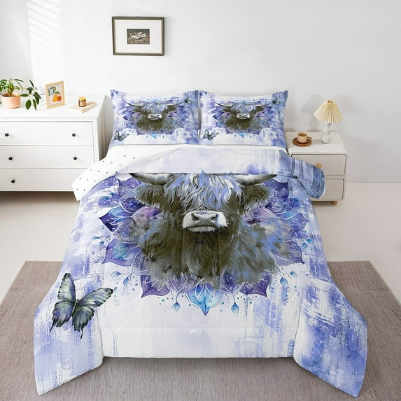 Farm Highland Cow Bedding Full Size Teens Adults Safari Animal Print Comforter Set Full Hippie Mandala Duvet Insert Navy Gradient Quilt Comforter Boho Flower Floral Bedding Comforters & Sets