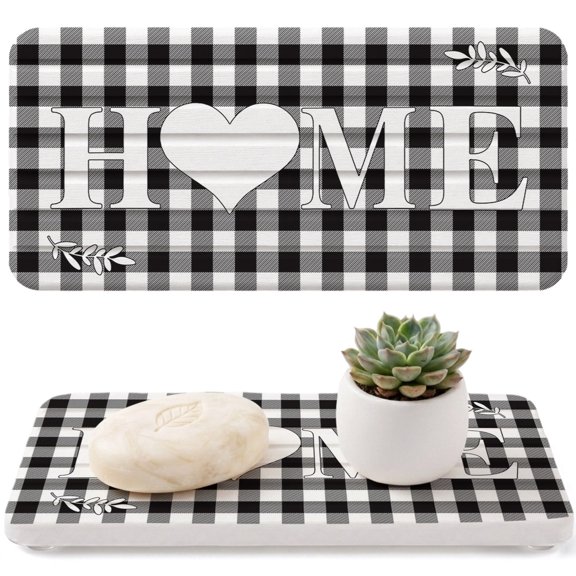 Farm Home Diatomaceous Earth Coasters, Love on Black White Buffalo Plaid Water Absorbent Diatomite Coaster, Bathroom Tray Stone Dish Drying Mat Kitchen Sink Tray 8.3x4in