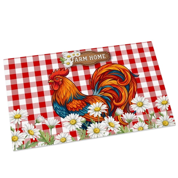 Farm Home Door Mat 16x24 Inch Red Plaid Rooster Daisy Spring Summer Entryway Rug with Non-Slip Rubber, Front Door Mat Indoor Floor Mats for Living Room Bathroom Bedroom Home Office