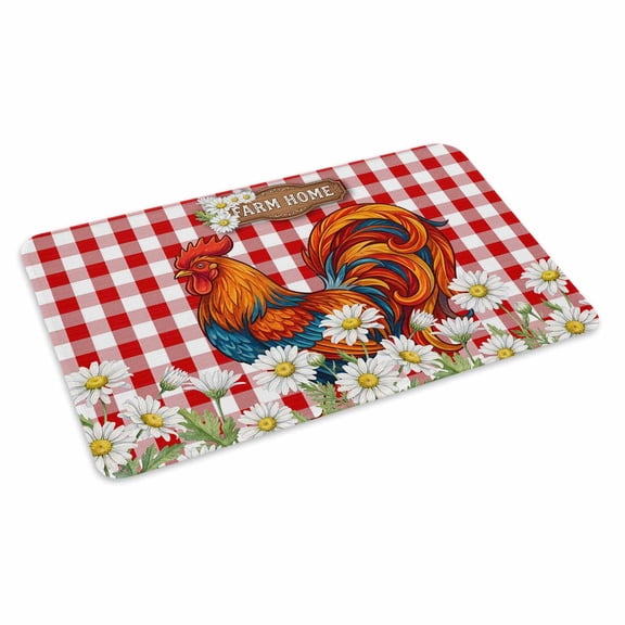 Farm Home Doormat Red Plaid Rooster Daisy Spring Summer Non Slip Low Profile Rubber Door Mat Washable Absorbent Indoor Front Door Mat Entryway Rug Entrance Carpet 16x24 Inch