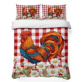 Farm Home Queen Quilt Bedding Set, Red Plaid Rooster Daisy Spring Summer Lightweight Comforter with 2 Pillow Shams Bedroom Bedspread Set Home Decor for All Seasons