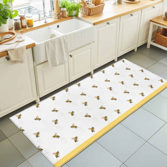 Farm Honey Bee Swirling Yellow Rectangle Area Rug 2x6ft,Living Room Rug Non-Slip Washable Circle Rugs Pad,Rustic Seamless Insects Soft Floor Carpet for Bedroom Dining Room