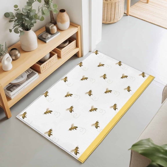 Farm Honey Bee Swirling Yellow Rectangle Rug 2'x3' Rustic Seamless Insects Washable Area Rugs for Living Room Bedroom Entryway Non Slip Entrance Door Mat Indoor Floor Carpet