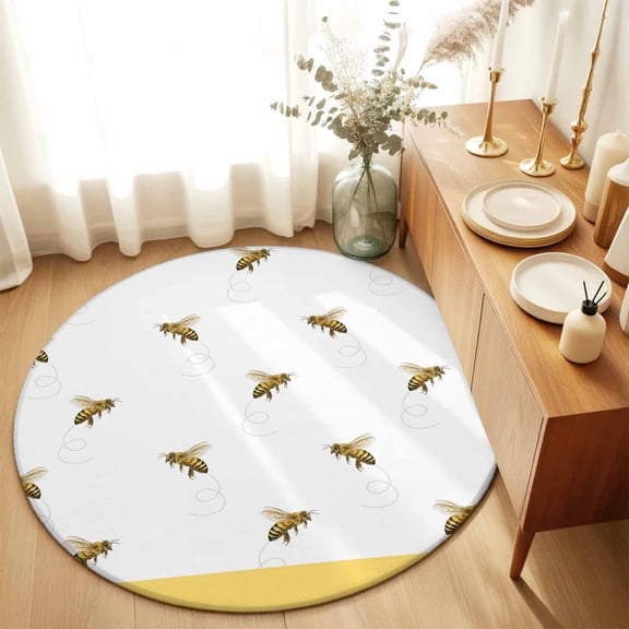 Farm Honey Bee Swirling Yellow Round Rug 3ft Rustic Seamless Insects Washable Area Rugs for Living Room Bedroom Entryway Non Slip Entrance Door Mat Indoor Floor Carpet