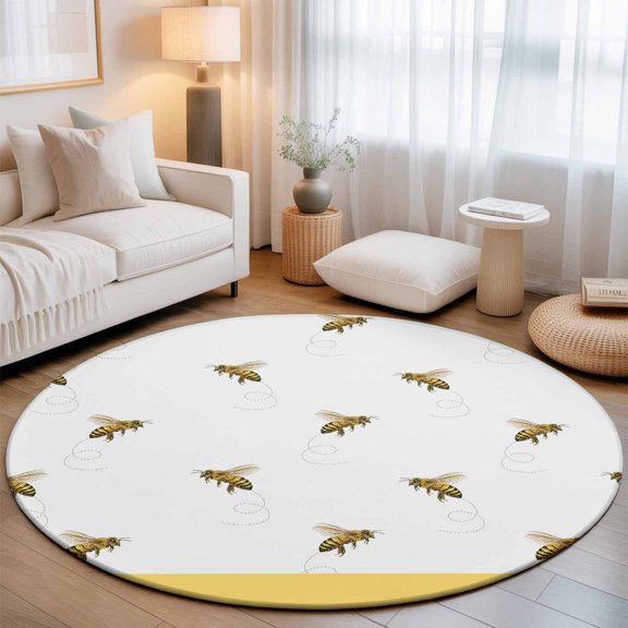 Farm Honey Bee Swirling Yellow Round Rug 5ft Rustic Seamless Insects Washable Area Rugs for Living Room Bedroom Entryway Non Slip Entrance Door Mat Indoor Floor Carpet