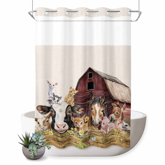 Farm No Hook Shower Curtain Barn Horse Sheep Cat Animal Country Retro Linen Background Shower Curtain with See Through Top Window, Waterproof Washable Fabric Curtain for Bathroom Hotel Decor, 48Wx72L