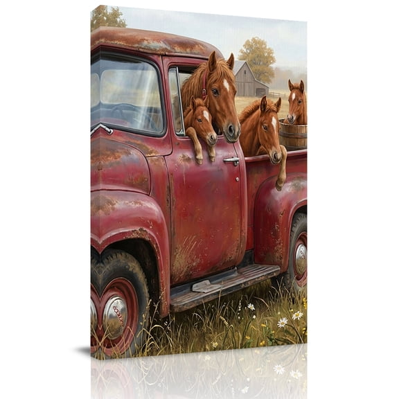 Farm Horse Animal Canvas Wall Art for Living Room, Vintage Red Truck Daisy Brown Tree House Wall Decor Framed Artwork Pictures Ready to Hang for Bedroom Office Home Decor
