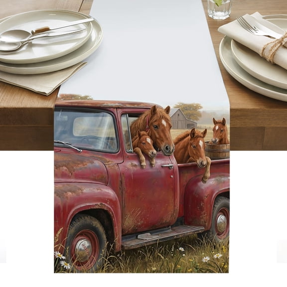 Farm Horse Animal Cotton Linen Table Runner Vintage Red Truck Daisy Brown Tree House Dining Table Runners for Home Decor Party Dining Room Restaurant Kitchen Party 13" x 36"