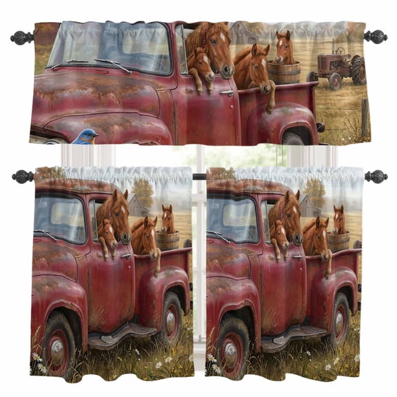Farm Horse Animal Kitchen Curtains Valances and Tiers Set of 3 Vintage Red Truck Daisy Brown Tree House Tier Curtains and Valance with Rod Pocket for Small Windows, 27.5"x24"