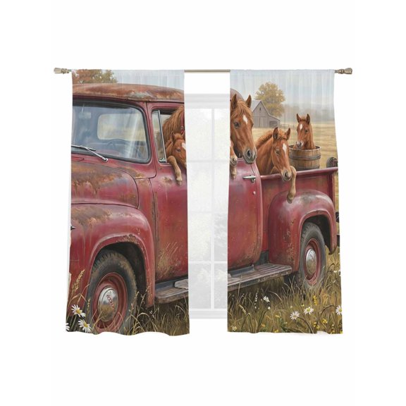 Farm Horse Animal Sheer Curtains 2 Panels Set Vintage Red Truck Daisy Brown Tree House Sheer Window Curtains Light Filtering Rod Pocket Voile Drapes for Bedroom Living Room 52"x63"