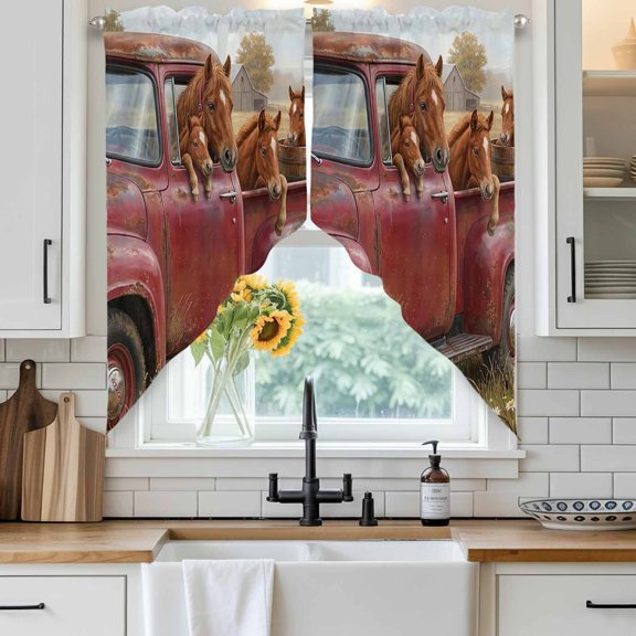 Farm Horse Animal Swag Curtain Valance for Windows, Vintage Red Truck Daisy Brown Tree House Window Treatments Short Swag Topper for Kitchen Windows Bathroom Bedroom, 36"x36"