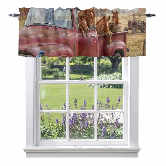 Farm Horse Animal Valances for Windows Vintage Red Truck Daisy Brown Tree House Rod Pocket Cafe Window Treatments Valance Curtains for Kitchen Bathroom Laundry Basement Windows 56"x16"