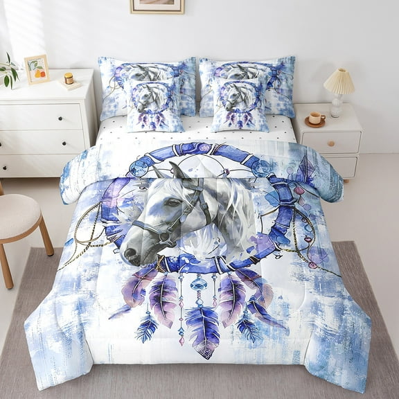 Farm Horse Bedding Comforter Sets 7pcs Teens Adults Safari Animal Print Bed in a Bag,Hippie Dream Catcher Full Bedding Sets Navy Gradient Comforter Set,Boho Feather Bedding Sets