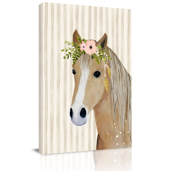 Farm Horse Canvas Wall Art for Living Room, Farmhouse Horse With Red Flower Leaf Beige Vertical Stripe Poster Print Painting for Bedroom Office Home Decoration Wall Pictures Prepare To Hang 22"x28"