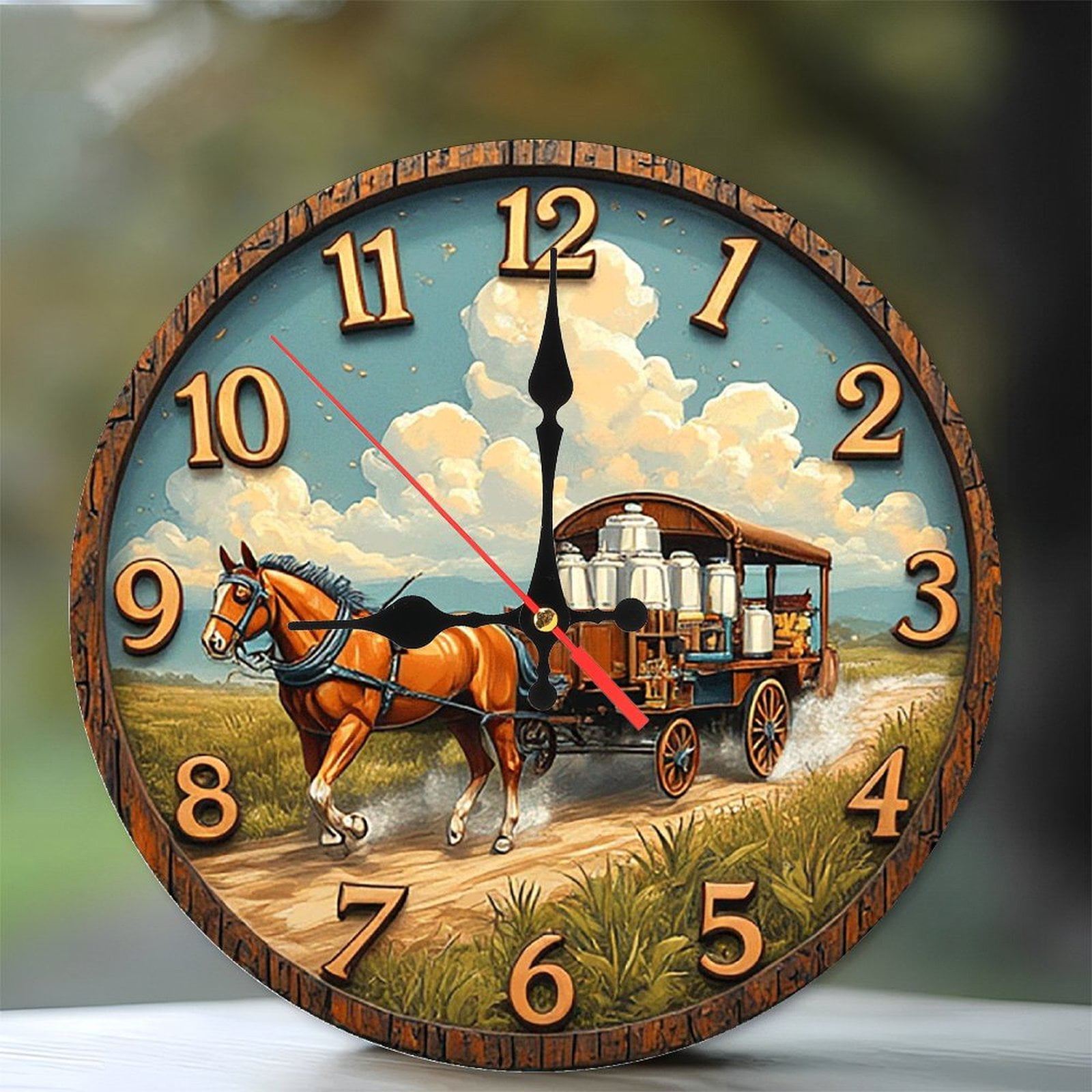 Farm Horse Cart Wall Clock Rustic Country Decor 10-Inch Silent Wooden ...